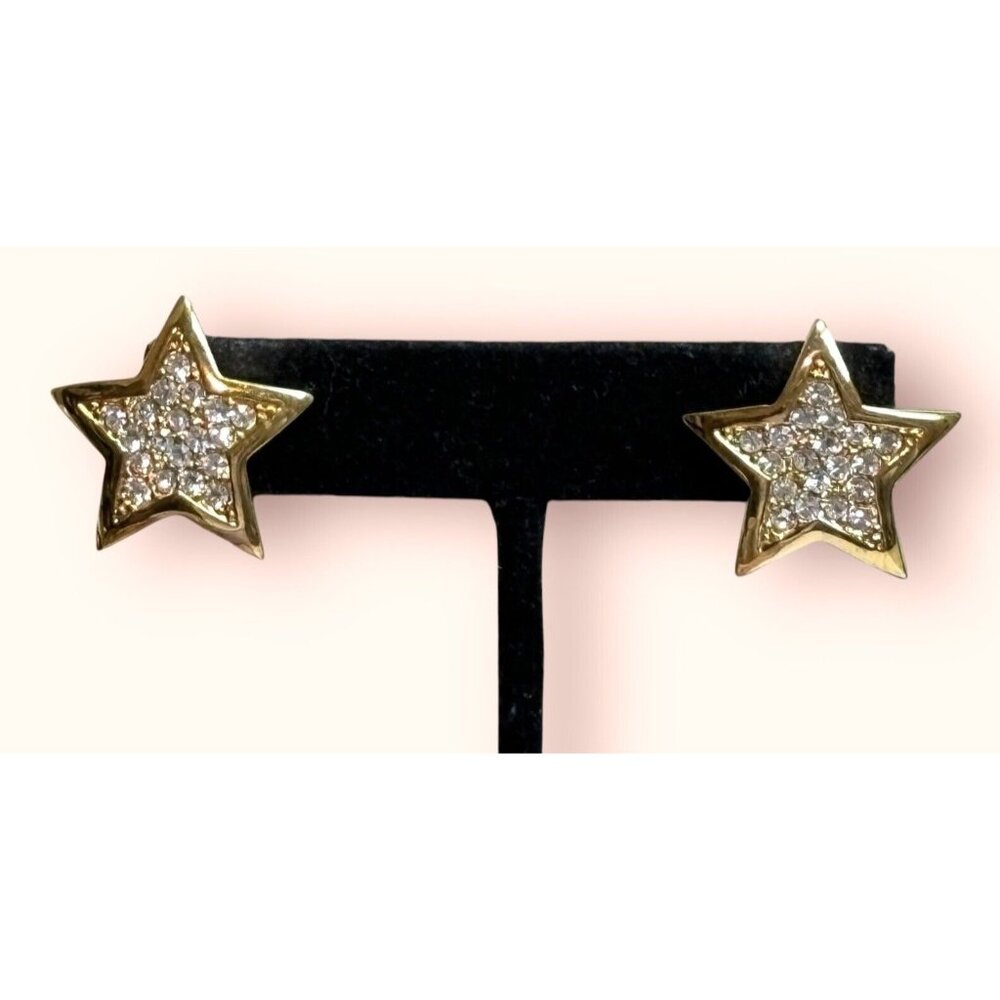 Vintage St. John Clear Rhinestone Crystal Gold Tone Star Pierced Earrings